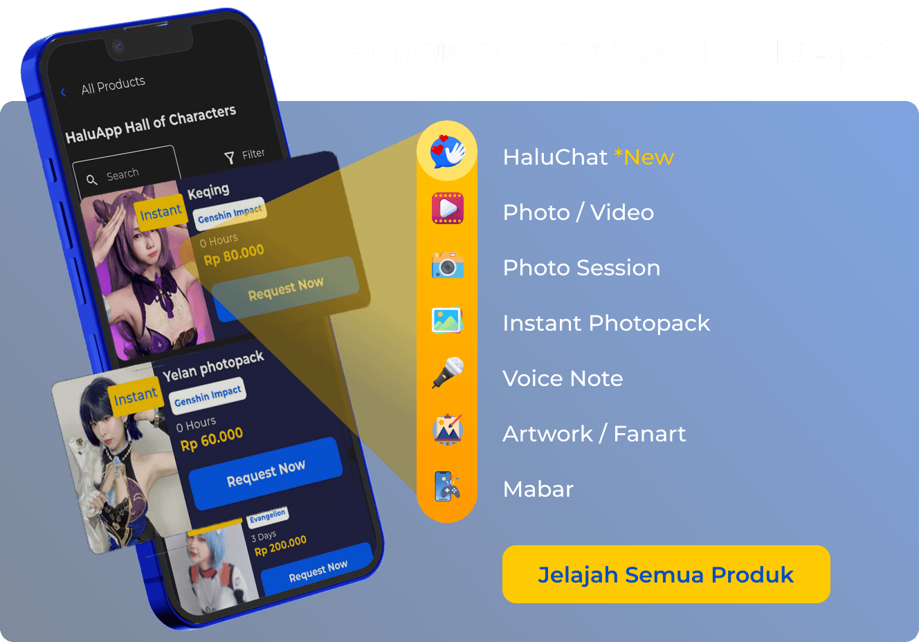 Semua produk ada di HaluApp!. HaluChat Photo / Video Photo Session Instant Photopack Voice Note Artwork / Fanart Mabar. Jelajah Semua Produk HaluApp